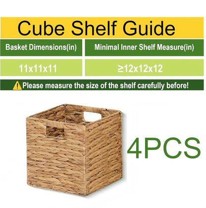 11 x 11 x 11 in Woven Storage Baskets,Set of 4 Wicker Cubes Baskets,Natural | Foldable Water Hyacinth Baskets,Handwoven Storage Baskets for Shelves,Kitchen or Outdoor