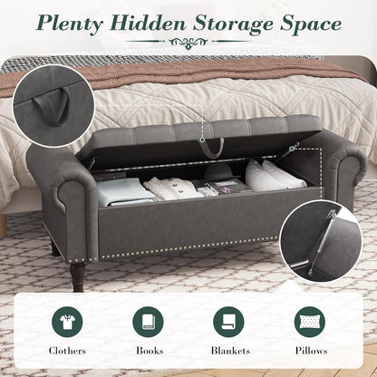 Apicizon 51” Bench with Storage, Upholstered Tufted Button Bedroom Bench with Storage, Faux Leather End of Bed Bench with Rolled Arms, Storage Ottoman Bench for Bedroom, Living Room, Entryway, Gray