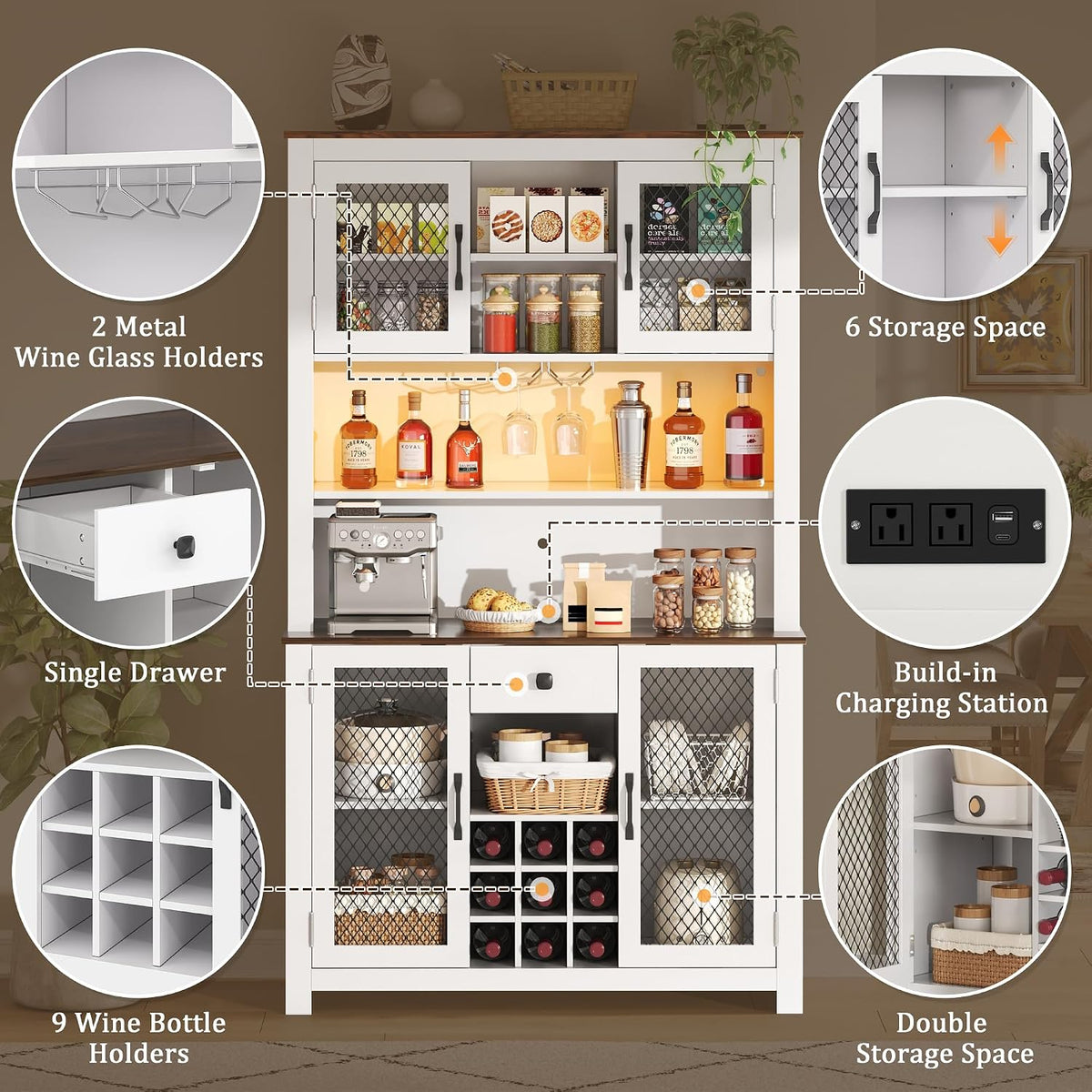 70.9" Kitchen Pantry Storage Cabinet Rustic Buffet Cabinet, Kitchen Hutch Cabinet with LED Outlets Food Pantry with Doors and Shelves Wine Rack for Dining Room, White