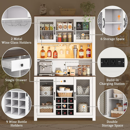 SOFTSEA Kitchen Pantry Cabinet with Built-in Power & USB Outlets, Kitchen Storage Cupboard with Doors, Wine Rack and Shelves, Rustic Buffet Cabinet with LED Light, 47.1x11.8x70.9 Inch, White