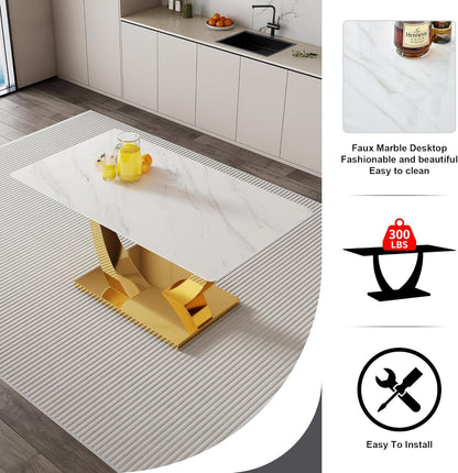 White and Gold Dining Table Set for 4, Faux Marble Dining Room Table Set for 4,63'' Rectangular Tempered Glass Top Kitchen Table Set and 4 Chairs for Dining Room Kitchen