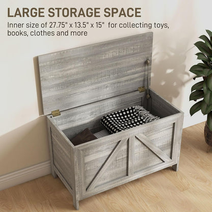 HOMCOM 30" Farmhouse Storage Bench Lift Top Storage Chest in Light Gray | Safety Hinge, Open Up 100°, Wooden Trunk, Bedroom, Entryway, Living Room