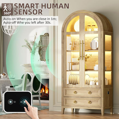 Vlsrka 71" Arched Curio Cabinet with Glass Doors, 4-Shelves Display Cabinet and 2 Drawers, Display Case with 3 Color Lights, Tall Bookcase, Kitchen Pantry, Wood Color