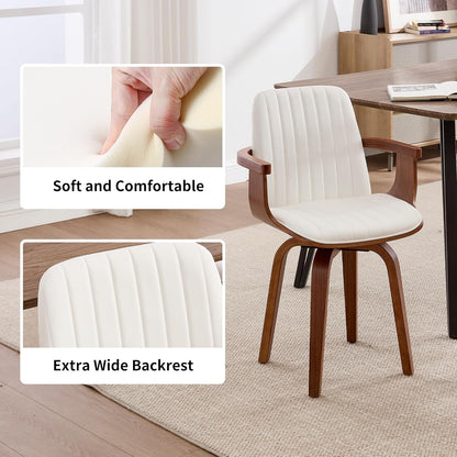VipDesk Swivel Dining Chairs Set of 2 - Mid Century Modern Kitchen Chairs for Dining Room, Upholstered PU Leather Chairs with Walnut Arms and Legs, White