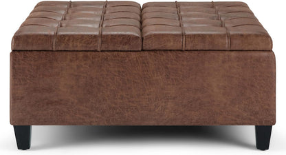SIMPLIHOME Harrison 36" Wide Vegan Leather Lift Top Ottoman in Saddle Brown | Distressed saddle brown, transitional lift-top ottoman with hidden storage for living room; square footstool or coffee table.