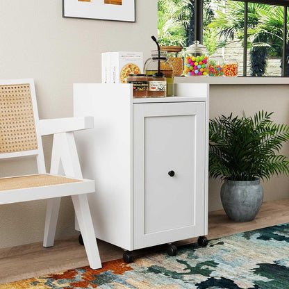 Sliding Pantry Organizer Cabinet with Wheels, 3 Tier Pull Out Snack Storage Rack for Kitchen, Bathroom, Laundry Room, White Mobile Food Organizer with Door & Shelves