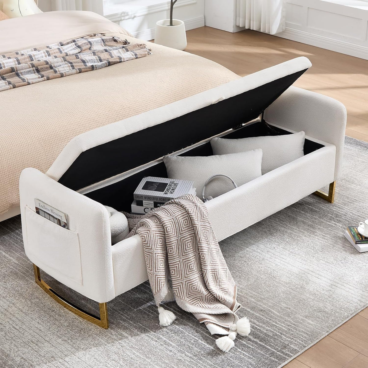 Storage Bench for Bedroom, 65 Inch End of Bed Storage Bench Cream | Chenille End of Bed Bench King Size Tufted Upholstered and Gold Legs, Bedroom Bench with Storage, Arms, 2 Pillows, for Window