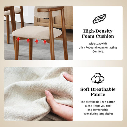 Wooden Dining Chairs Set of 4 Mid Century Modern Upholstered Farmhouse Dining Room Chair with Solid Wood Legs, Fabric Kitchen Side Chairs with Ergonomic Curved Backrest (4, Walnut + Beige)