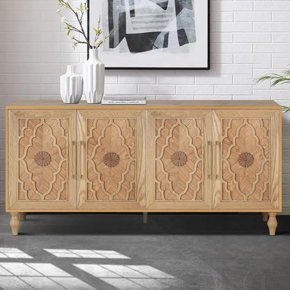 Sideboard Buffet 63" Credenzas for Living Room, Entryway Table with Storage Cabinet Natural Wood Color, Carved Flowers Doors & Cable Holes