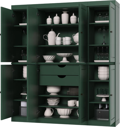 Palace Imports Solid Wood Storage Cabinet - 71.5" Tall, 65" Wide Freestanding Kitchen Pantry with 2-Drawer Kit & Adjustable Shelves – Green, Renewable Eco-Friendly 100% Wood, Made in Brazil