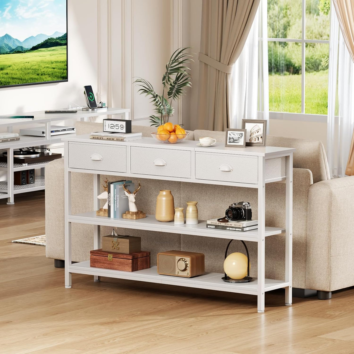 Furologee White Long 47" Console Sofa Table with 3 Drawers, Entryway Table with 3-Tier Storage Shelves, Display Shelf for Entry Way, Hallway, Couch, Living Room, Kitchen, Foyer | Industrial Hallway Table with Open Wooden Shelves for Hallway, Entry Way