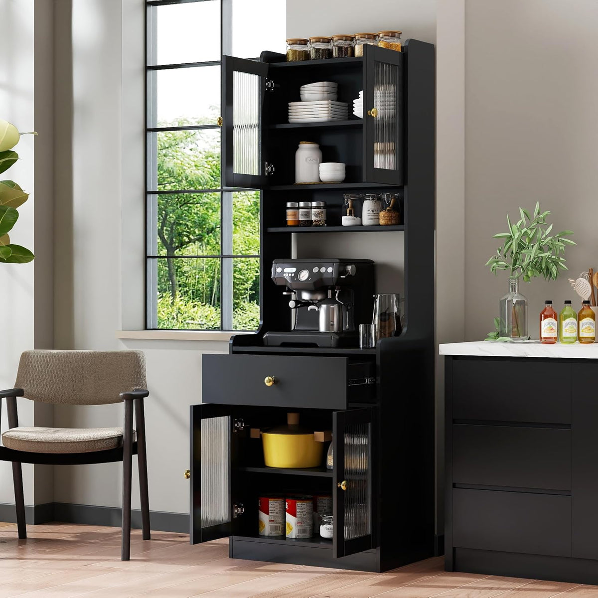 Spolllowe Kitchen Pantry Cabinet Farmhouse Storage Hutch with Microwave Stand Freestanding Buffet Sideboard Coffee Bar Cabinet for Kitchen Dining Room
