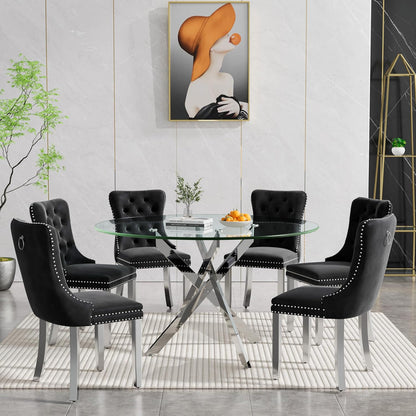 7-Piece Round Glass Dining Table Set for 6, 47" Circle Kitchen Table with 6 Black Velvet Chairs Modern Silver Glass Dining Room Table Set for 6 with Steel Leg Chair