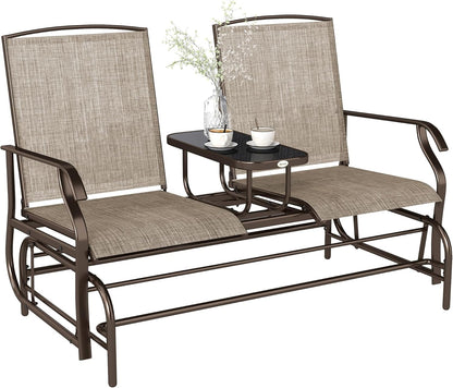 Outsunny Outdoor Glider Bench with Center Table Metal Frame Armrests Brown | Patio Loveseat, Breathable Mesh Fabric, for Backyard Garden Porch