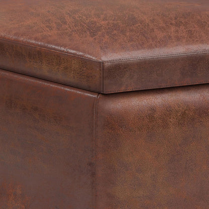SIMPLIHOME Owen 34" Vegan Leather Storage Ottoman in Distressed Pecan Brown