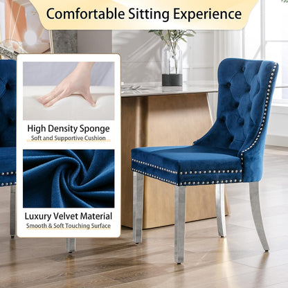 Dining Room Chairs Set of 4, Tufted Velvet Chairs with Modern Stainless Steel Legs, Rivet Trim Metal Pull Ring Large Back for Kitchen Dining Room Restaurant, Blue