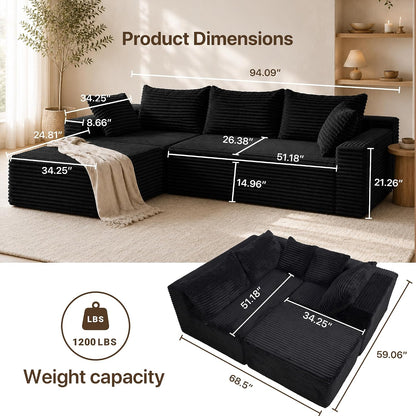 Claiks 94" Couch, L-Shape Corduroy Sectional Sofa, Black | Flexible Module Combination for Living Room, No Assembly, Deep Seat,Stain Resistant Abrasion, Apartment, Includes 1 Ottoman