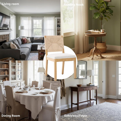 French Country Dining Chairs Set of 4, Beige Farmhouse Wood Dining Room Chairs, Woven Back Linen Upholstered Dining Chair, Solid Wood Legs, Boho Style Kitchen Chairs, Sillas de Comedor