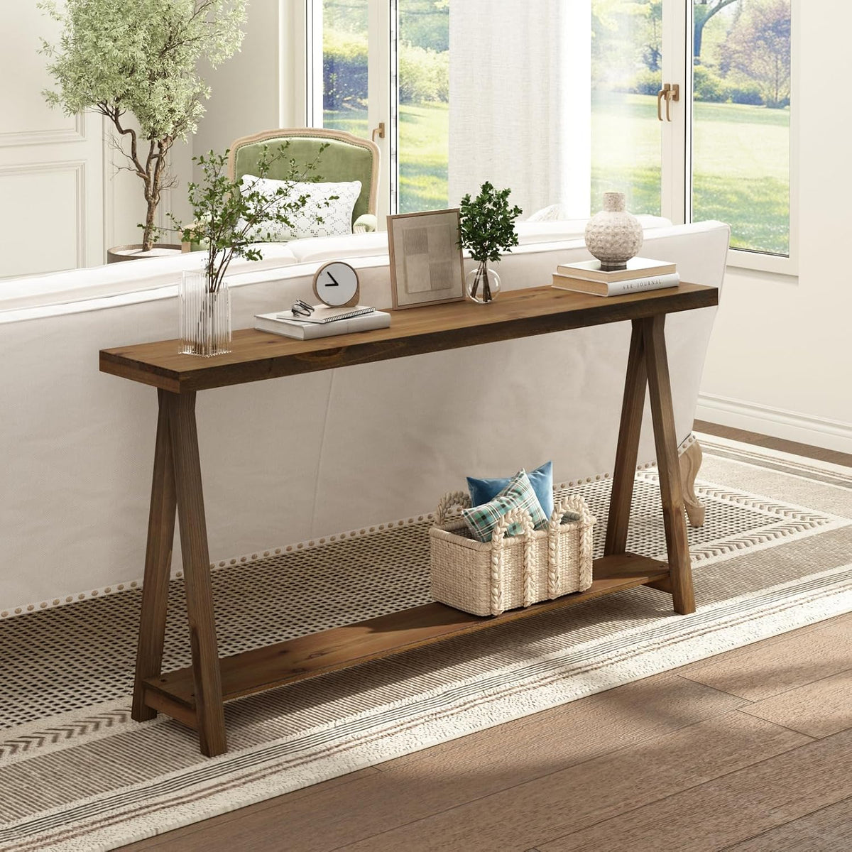 Farmhouse Console Tables for Living Room, 63" Solid Wood 2-Tier Sofa Table, Rustic Hallway Table for Entryway, Natural