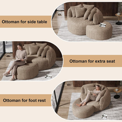 50.5" W x 67" D Oversized Chaise Lounge Chair with Ottoman,Light Camel | 38D Sponge,Round Reading Chair Luxury Plush Cloud Circle Sleeper for Living Room Bedroom, 5 Pillows,Corduroy