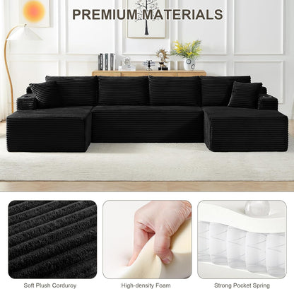 Tmsan 133.5" Black Sectional Sofa Couches for Living Room, Oversized U Shaped Cloud Modular Set with Cup Holders & Side Pockets & Deep Seat, Comfy Corduroy Foam Compressed No Assembly