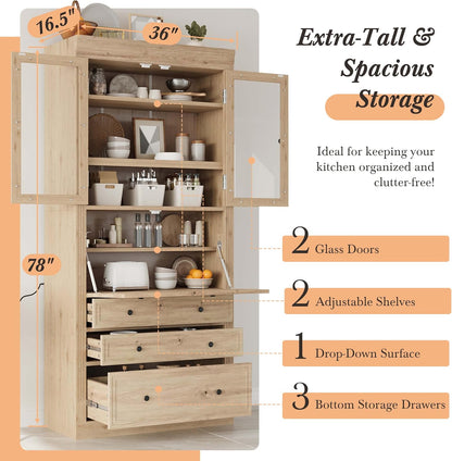 78” Kitchen Cabinet Pantry, Food Storage Cabinet with 3 Drawers, Adjustable Shelves & Power Outlet, Food Pantry for Kitchen Dining Room, Easy Assembly (Natural)