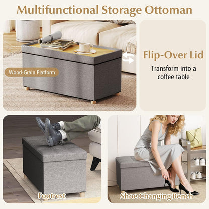GOFLAME 30 Inches Storage Ottoman Bench, Linen Fabric Footstool with Flip Top Tray, Padded Foot Rest Stool, Rectangular Eed of Bed Bench, Storage Chest for Living Room, Entryway, Bedroom