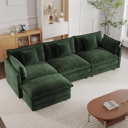 mikibama Modular Sectional Sofa, 111.5 Inch L Shaped Couch Set for Living Room, 3-Seater Comfy Cloud Couches with Movable Ottoman, DIY Combination, Chenille, Evergreen