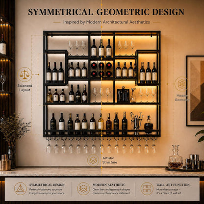 71in LED Wall Mounted Wine Rack with Stemware Holder and Wood Shelves | Combines warm LED lighting, 176 lb capacity and spacious bottle storage to create a practical, organized home bar display