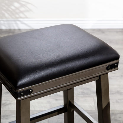 DTY Indoor Living Cortez Bonded Leather Stool, Weathered Gray Finish, 24" Counter Height, Black Leather Seat, Set of 2