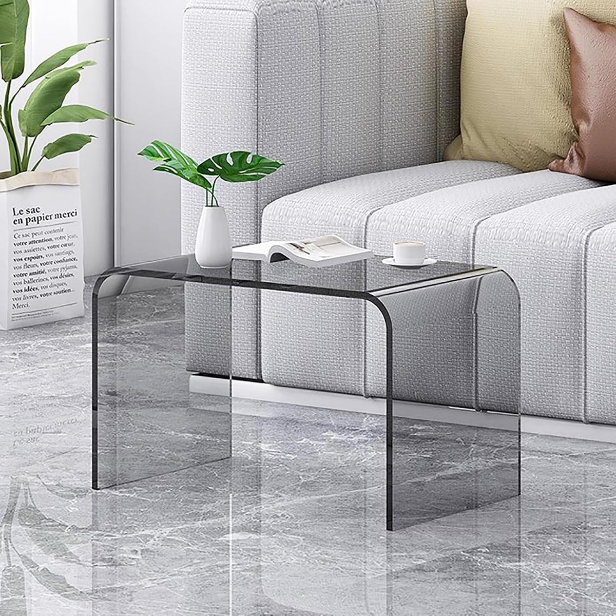 C Shaped Acrylic Side Table,Modern End Table for Sofa,Multipurpose Transparent Couch Tables Slides Under Couch for Living Room, Bedroom(12" L x 12" W x 25.5" H, Blue)