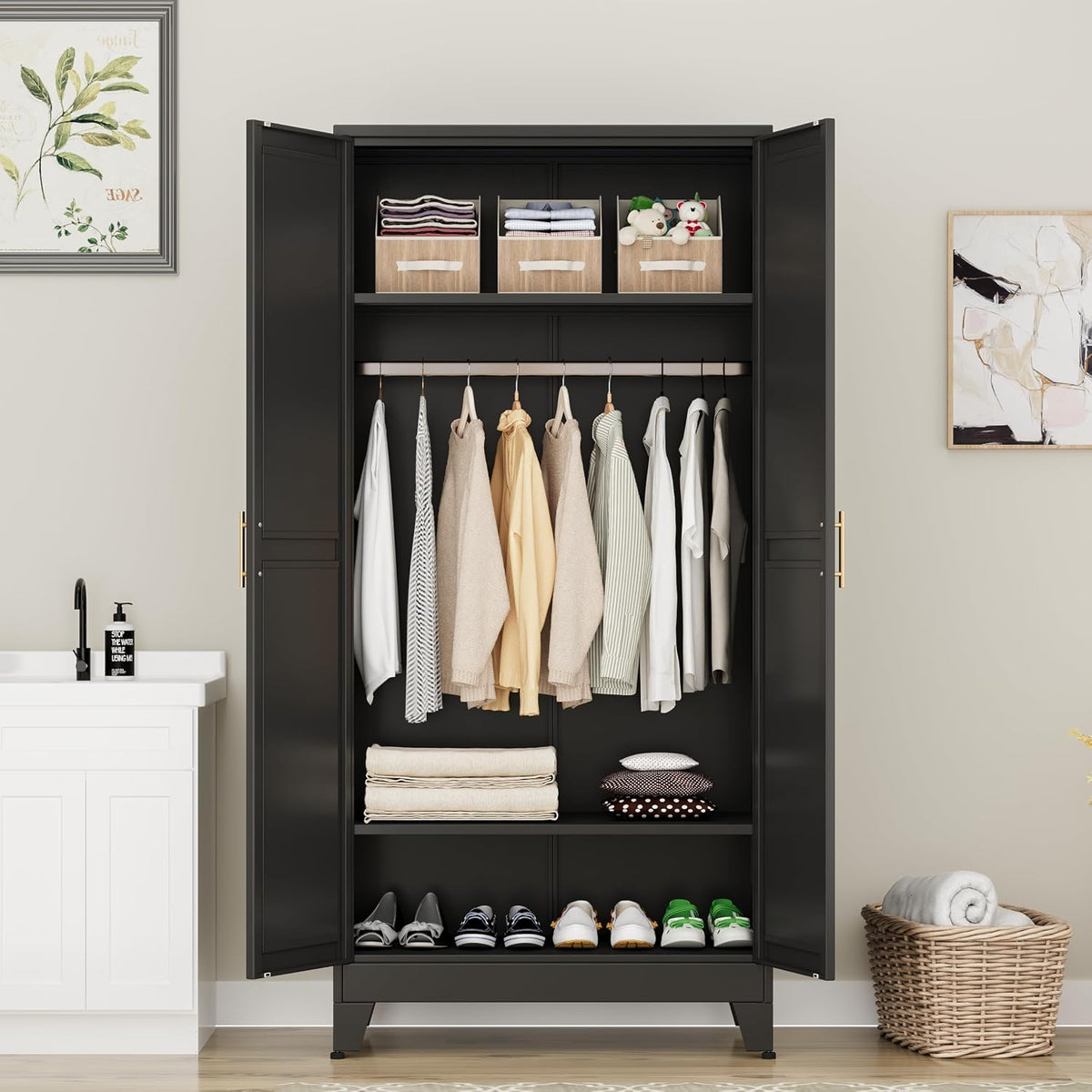 Metal Armoire Wardrobe Closet Storage Cabinet with Hanging Rod,71'' Metal Wardrobe Cabinet with 2 Doors and 2 Adjustable Shelves for Bedroom, Laundry Room, Cloak Room
