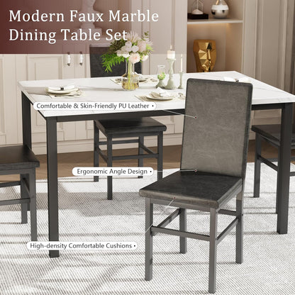 Dining Table Set for 4, 5-Piece Faux Marble Dining Set,4 Upholstered PU Chairs, Modern Kitchen Table Furniture for Dining Room,Compact Space-Saving Faux Marble Tabletop (White + Black)