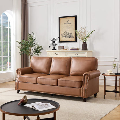 Kingfun Mid-Century Modern Couch, Faux Leather Sofa, 3 Seater Couch for Living Room with Rolled arms & Nailhead Trim, Brown