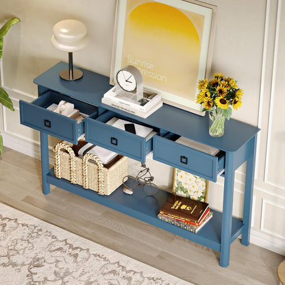 Treocho 53.1" Console Table with 3 Drawers, Sofa Table Behind Couch, 2 Tier | Long Entryway Table with Storage, Modern, For Hallway, Living Room, Blue