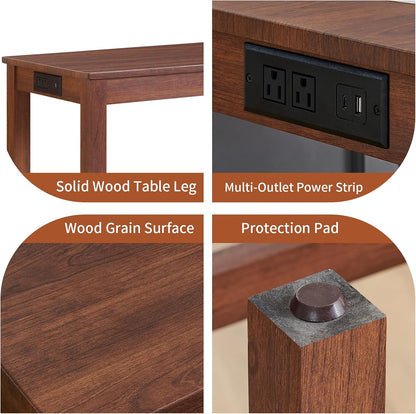 59" Dining Bar Table Set with Power Outlet, Behind Couch Sofa Table with 3 Padded Stools, 4 Piece Bar Table and Chairs Set for Living Room, Dining Room, Cherry