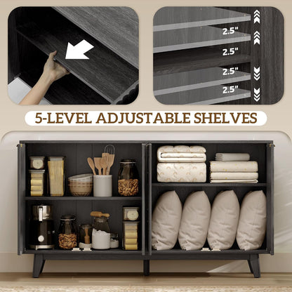 HOMCOM Sideboard Buffet Cabinet with Storage, 55" Fluted Modern Buffet Table Coffee Bar Console Cabinet with 2 Adjustable Shelves, 4 Doors for Dining Room, Living Room, Hallway, Dark Gray
