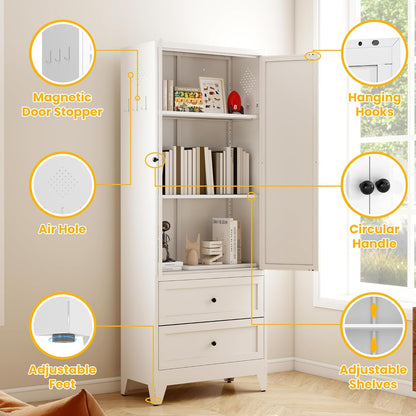 72" Metal Storage Cabinet with 2 Drawer, 2 Adjustable Shelves & Hooks, Utility Kitchen Pantry Cabinet for Home, Living Room, Pantry, Assemble Required (White)