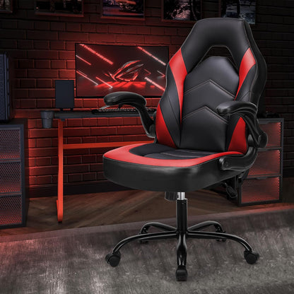 OLIXIS Computer Gaming Chair, Lumbar Support, Video Game | PU Leather, Flip-up Armrests, Adjustable Height, 360° Swivel Wheels, Ergonomic Home Office Desk, Black and Red
