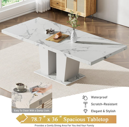 Faux Marble Extendable Dining Table Set for 6, Modern White Kitchen Table Set with 6 Black Tufted Chairs, 7 Piece Extendable Dining Table Set, 63"-78.7" Expandable Dining Table with Sturdy Base