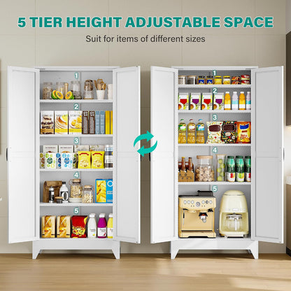SISESOL 75" Tall Pantry Cabinet,Farmhouse Kitchen Pantry Storage Cabinets with 2 Doors and 5 Shelves,White Metal Storage Cabinet,Large Cupboard for Home,Kitchen,Dining/Living Room