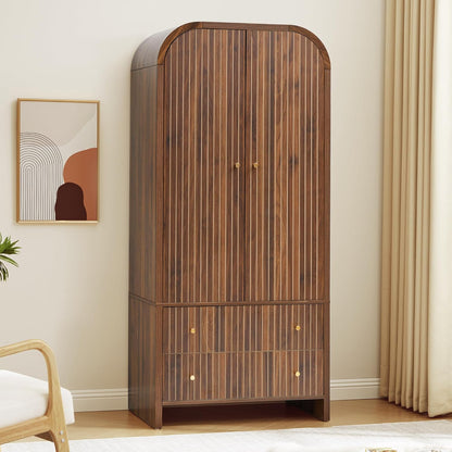 LEVNARY Arched Armoire Wardrobe Closet, Mid-Century Modern 2-Door Freestanding Wardrobe with Hanging Rod and 2 Drawers, Fluted Carved Clothing Storage Cabinet for Bedroom (Walnut)