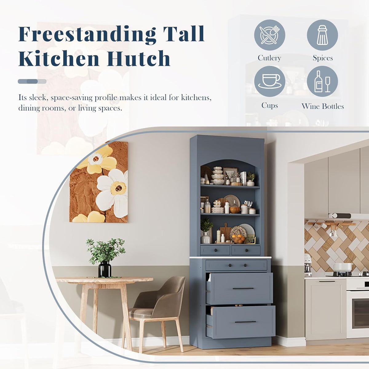 83.7Inch Tall Kitchen Pantry Cabinet, Freestanding Kitchen Pantry with Faux Marble Top, Corner Cabinet with 5 Storage Drawers and Adjustable Shelf, Gray