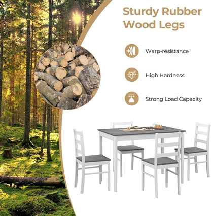 Tangkula Dining Table Set for 4, Farmhouse Solid Wood Dinette Set w/Rubber Wood Legs, Compact Wooden Dining Table and Chairs Set for Kitchen, Dining Room (Grey+White)