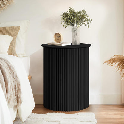 Round Fluted Side Table Set of 2, 17.7" Mid-Century Modern End Tables, Wooden Bedside Table Round Nightstand Small Circle Sofa Accent Table for Living Room, Bedroom Home(Black)