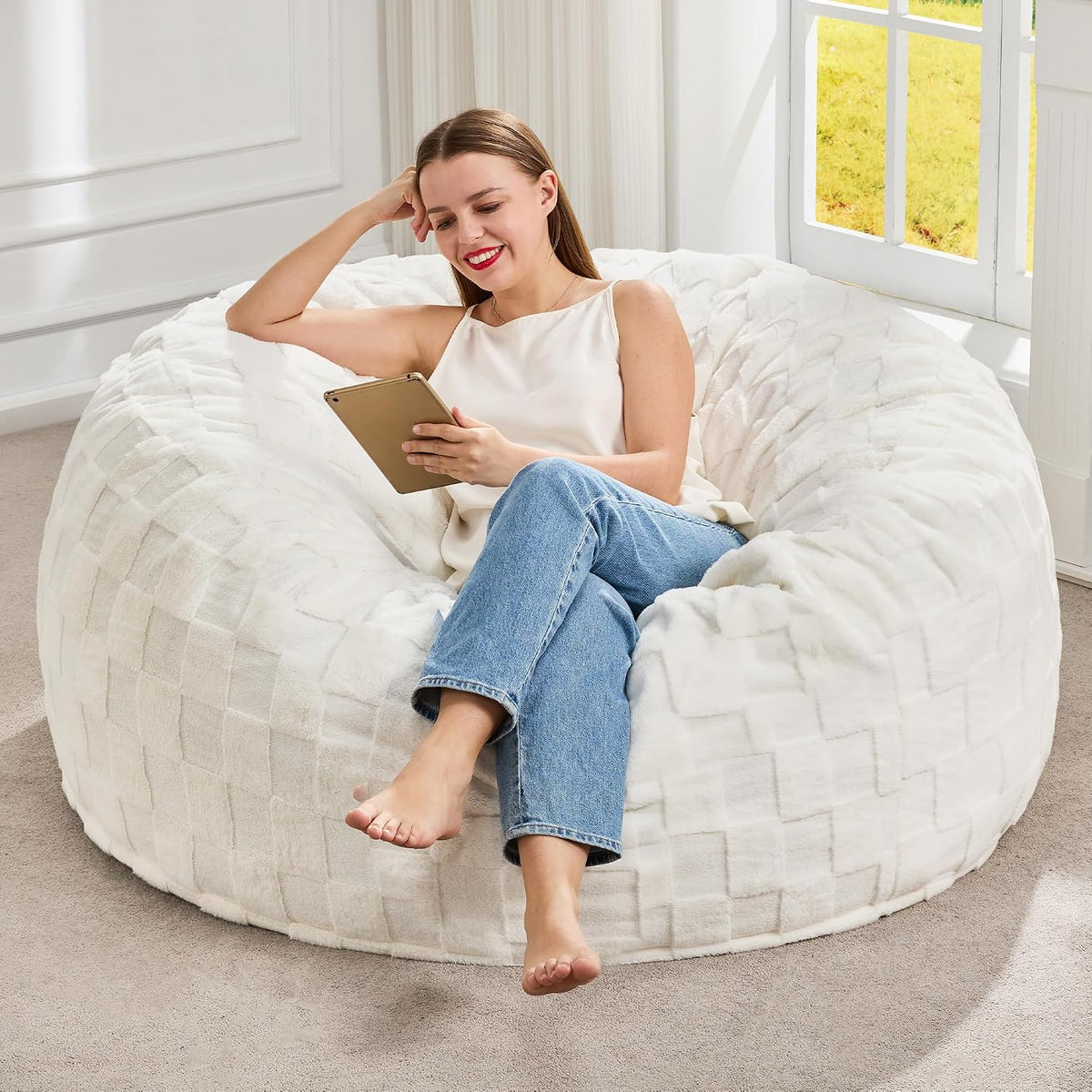 Hobestluk Adults Bean Bag Chair 4FT Big BeanBag Chair Extra Large Oversized | Memory Foam,Washable Cover,Unique Fluffy Plaid,Comfy Big Bean Bag with Filler Lounging Gaming Bedroom Living Room | White 4FT