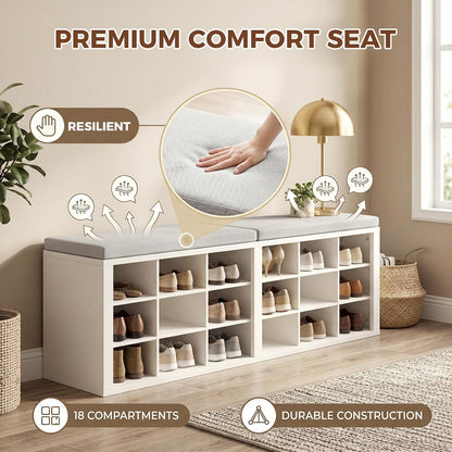 AMONIDA Shoe Storage Bench with Cushion, Entryway Bench with Shoe Storage,18 Cubby Shoe Bench with Removable Dividers, Shoe Organizer Bench for Entryway, Living Room, Light Grey (18, White)