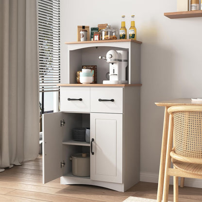 GDFStudio Wooden Kitchen Pantry Cabinet with Microwave Stand & Storage Drawer, Modern MDF Storage Cabinet with Adjustable Shelf, 2 Doors, Rectangle Home Organization Cupboard, White