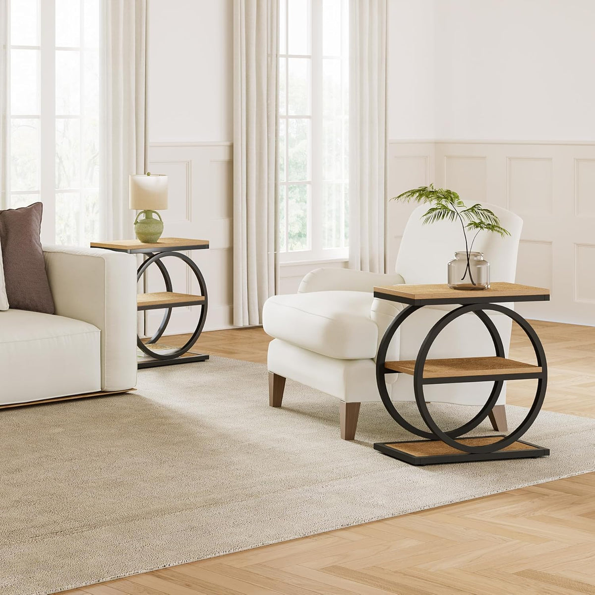LITTLE TREE 3-Tier End Table, Side Table with Storage Shelves, Small Sofa Side Table for Living Room, Wooden Side End Table with Double Round Metal Legs, Slim Nightstand and Bedside Table, Oak