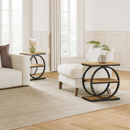 LITTLE TREE End Table Set 2, Side Table with 3-Tier Storage Shelves, Small Sofa Side Table for Living Room, Wooden Side End Table with Double Round Metal Legs, Slim Nightstand and Bedside Table, Oak